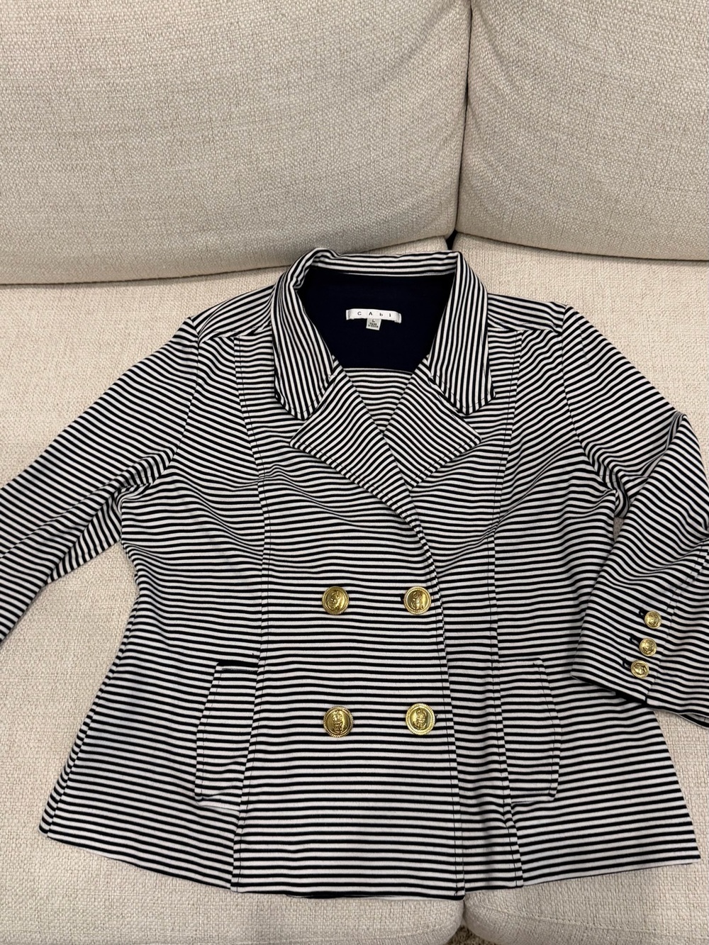 CAbi Dark Blue and White Striped Jacket 3/4 Sleeves with Gold Buttons